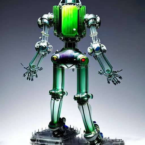 Prompt: radium glass mecha, blown glass mechanical exoskeleton wearing hardsurface armour by spider zero, frank gehry, jeff koons, bandai box art, in the style of john berkey, norman rockwell, ivan shishkin