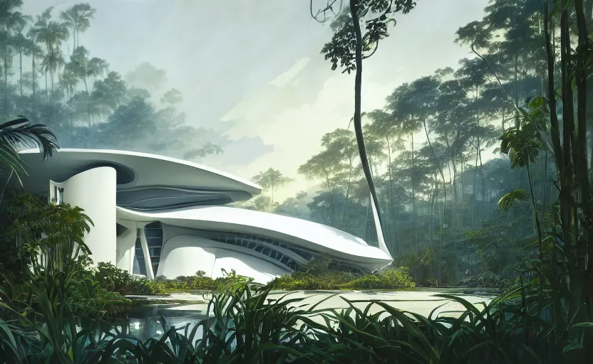 Prompt: painting of a wide angle exterior shot of a white modern architecture in the middle of a tropical forest with cinematic lighting by zaha hadid and renzo piano, darek zabrocki and greg ruthkowski, alphonse mucha, simon stalenhag and cinematic and blue cold atmospheric, archillect concept art, artstation, trending on artstation