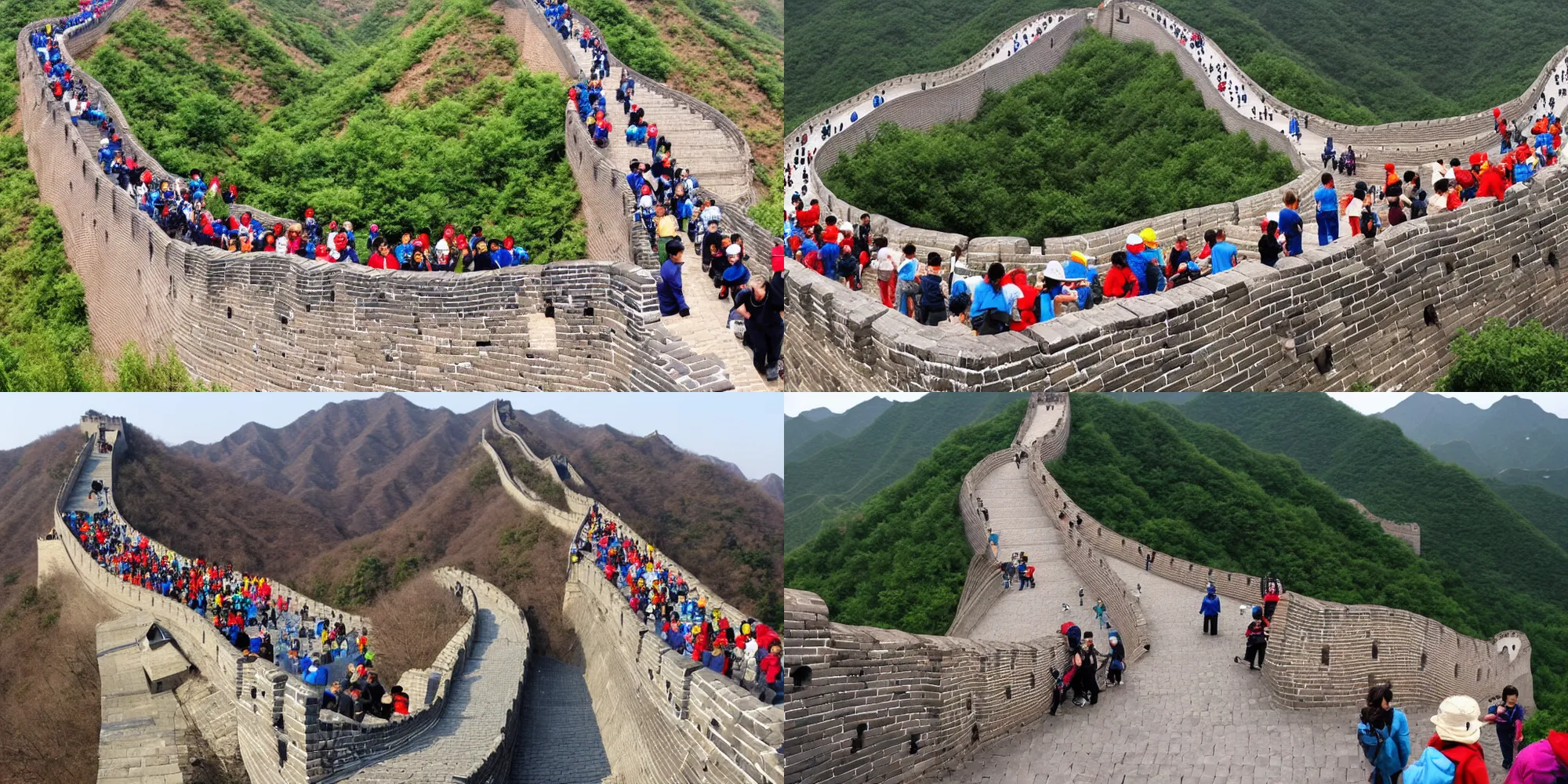 Prompt: people walking over the great wall of china made out of Lego