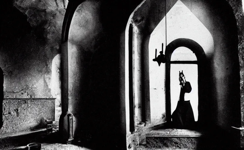 Image similar to contemplation of a crumbling chapel, still from an old surrealist black and white movie directed by Jan Svankmajer, Béla Tarr, Ingrid Bergman and Robert Wiene. Dark background, dramatic lighting, detailed, cinematic