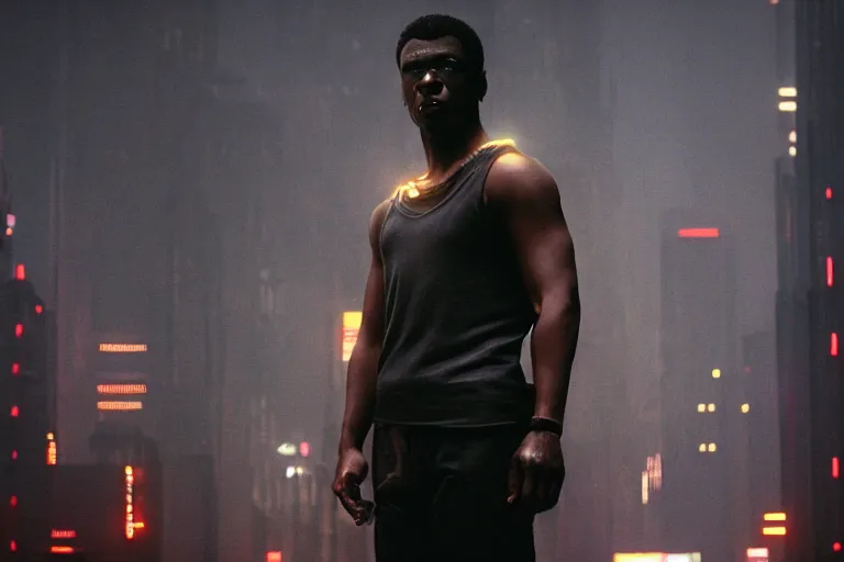 Prompt: a black man wearing a white tanktop, cyberpunk, blade runner, film still, 2 0 7 7, cyberpunk, dramatic lighting, intricate cyberpunk city,