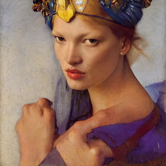 Image similar to Kate moss by Annie Swynnerton and Nicholas Roerich and Vermeer, strong dramatic cinematic lighting, ornate headdress, lost civilizations, smooth, sharp focus, extremely detailed