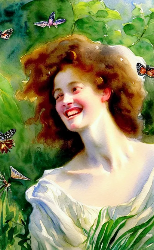 Image similar to the face of a young woman with marble complexion, angelic features, dancing curls around her face, her head raised in rapture, laughing, symmetrical eyes, watercolor by john singer sargent, background lush vegetation, insects and birds, 8 k uhd