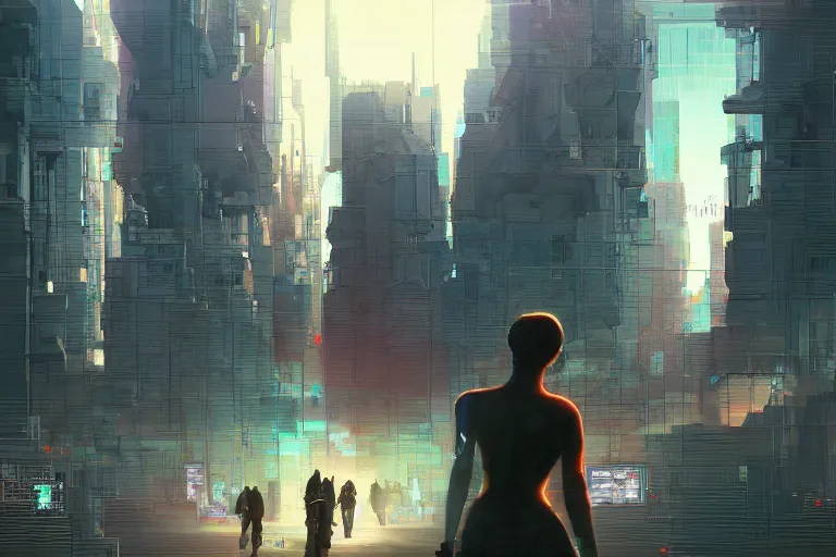 Image similar to Elimination of humanity, very highly detailed face's and body's. Digital concept art with Voxel graphics by Caravaggio, Details by Hummingfluff , cyan dimensional light, , Cyberpunk city as Background by Hiromasa Ogura