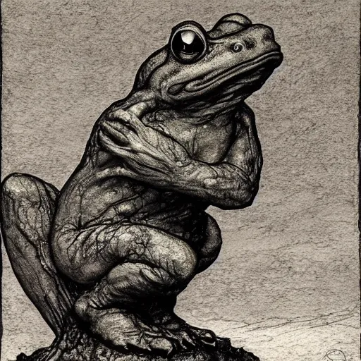 Prompt: toad philosopher toad in a pose The Thinker, swamp, by Auguste Rodin, illustrations by irish fairy tales james stephens arthur rackham, fairy tale illustrations, top cinematic lighting , cinematic mood, very detailed, shot in canon, bog, sedge,