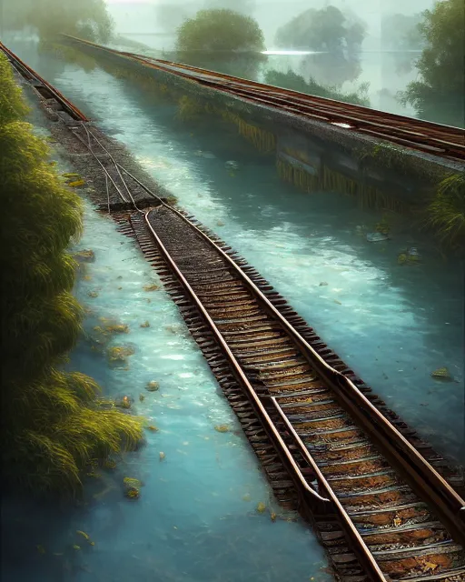 Image similar to train tracks stretching out toward the horzon that are slightly submerged under a wide pool of water, intricate, elegant, highly detailed, digital painting, artstation, concept art, smooth, sharp focus, illustration, art by artgerm and greg rutkowski and fra angelico