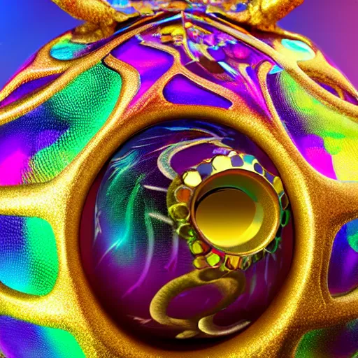 Image similar to a colorful refractive dragon scale egg sitting on a nest of gold rings, photorealistic, symmetrical, unreal engine