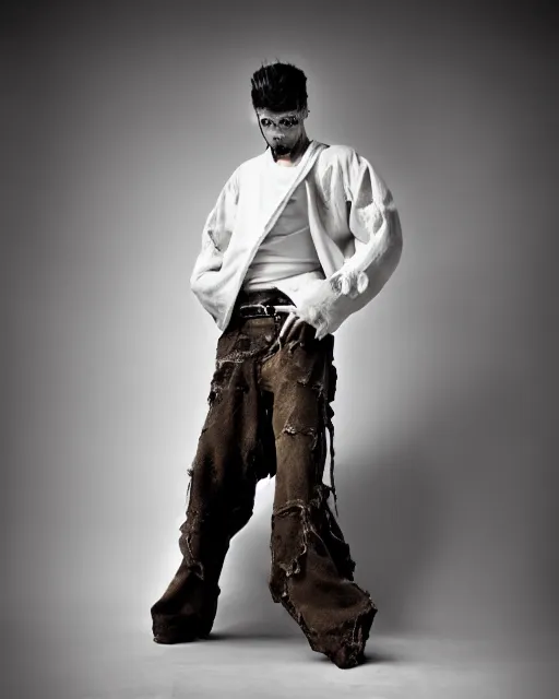 Prompt: an award - winning photo of a scary male model wearing a boot cut flared distressed medieval designer menswear trousers designed by kapital, 4 k, studio lighting, wide angle lens, 2 0 0 4