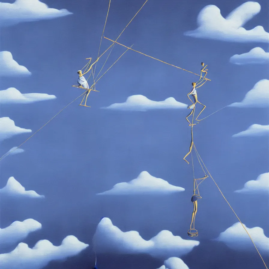 Prompt: surrealist artwork about a tightrope walker among the clouds falling down into a megacity full of illusions '. blue indigo colour scheme