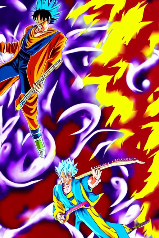 Image similar to jimi hendrix preforming in dragon ball z art style, anime art, epic, HD, cinematic