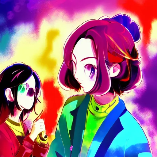 Prompt: Tanjiro Kamado and Nezuko Kamado; psychedelic; 4K; anime; artstation; art style of Ross Tran and Ilya Kuvshinov; LSD; rainbow