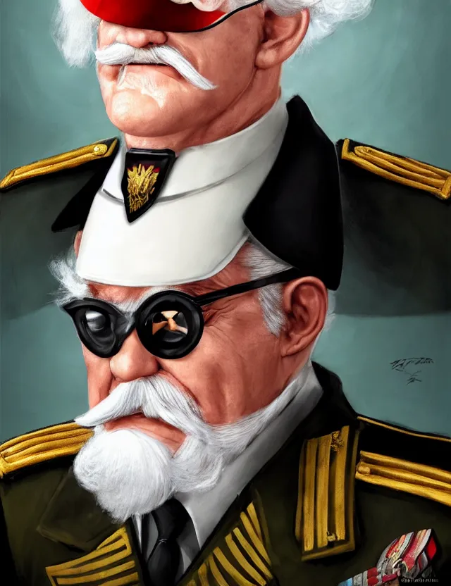 Prompt: a portrait of colonel sanders wearing a military uniform and a black eyepatch over his left eye, by moebius and tyler edlin and hr giger, trending on artstation, digital art, 4 k resolution, detailed, high quality, sharp focus, hq artwork, coherent, insane detail, concept art