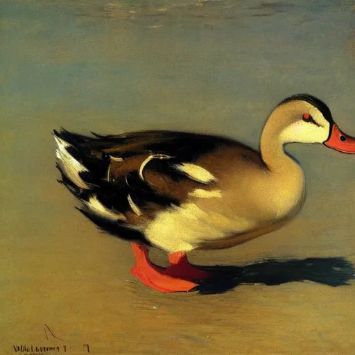 Prompt: a duck on the prowl oil painting william merritt chase