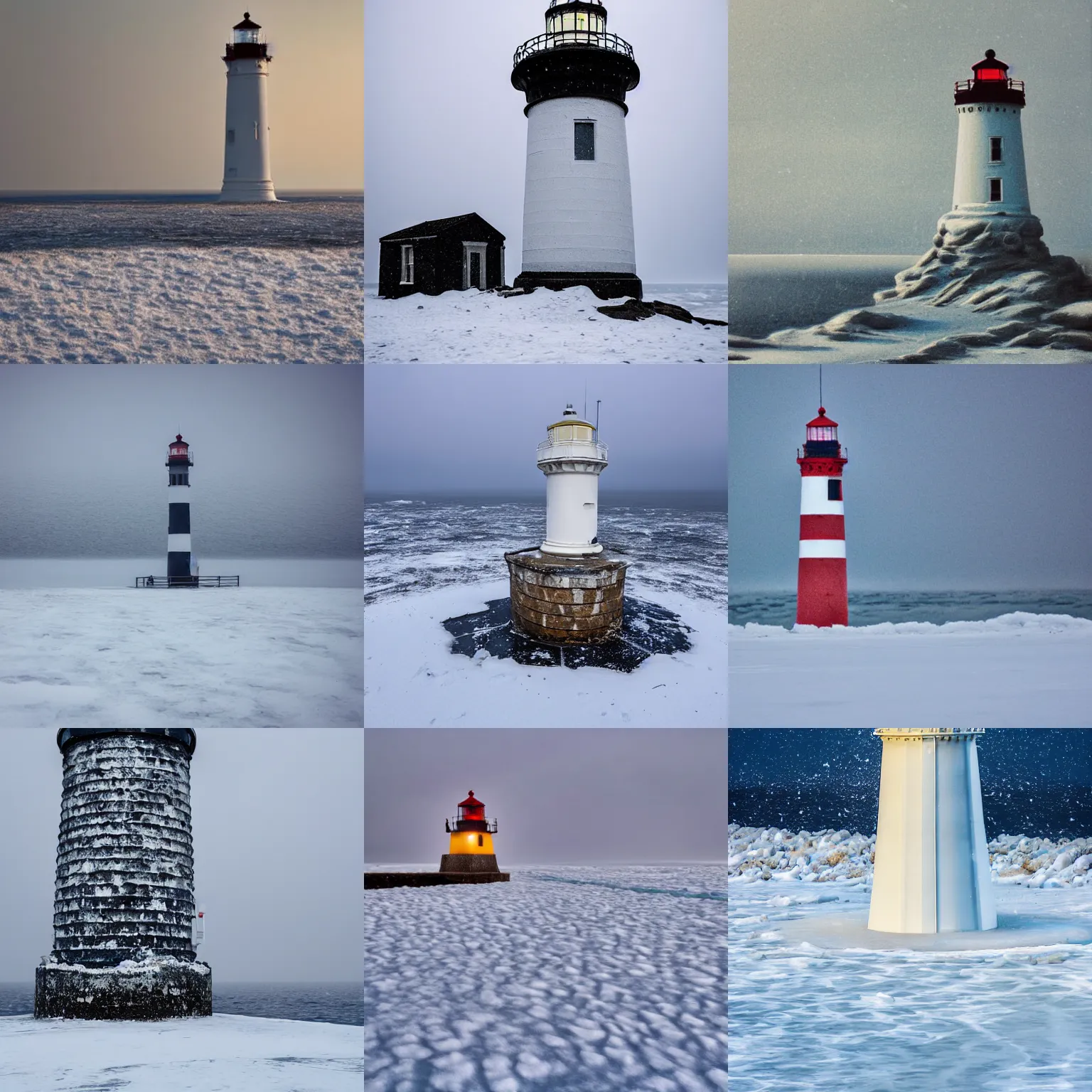 Prompt: the base of a lighthouse in a frozen ocean, winter, snowing