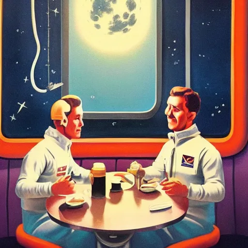 Prompt: two astronauts chatting in the corner booth of a greasy diner on the moon, midcentury American painting, stunning light, incredible detail