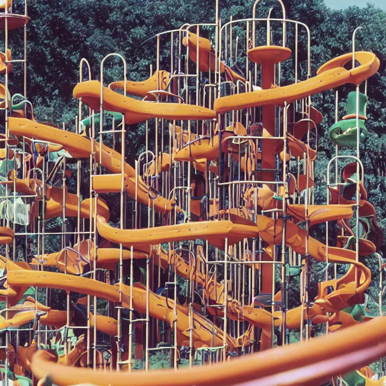 Image similar to full - color closeup 1 9 7 0 s photo of a large complex very - dense very - tall many - level playground in a crowded schoolyard. the playground is made of dark - brown wooden planks, and black rubber tires. it has many wooden spiral staircases, high bridges, ramps, and tall towers.