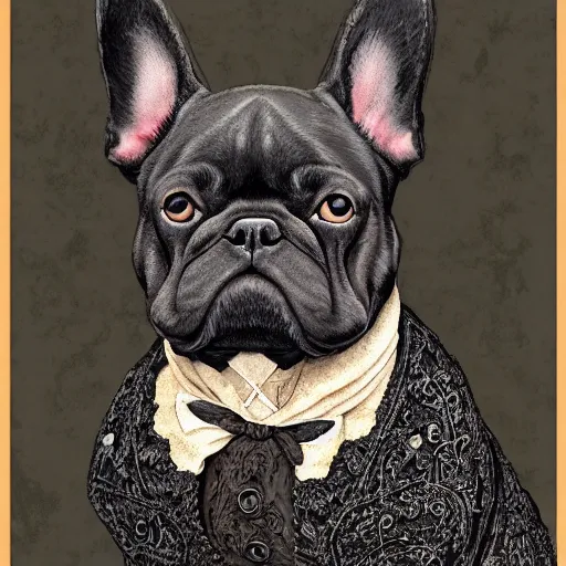 Image similar to proud black french bulldog, renaissance, wearing victorian lacey clothing, highly detailed, digital painting, artstation, sharp focus, illustration - - ar 6 : 1 8