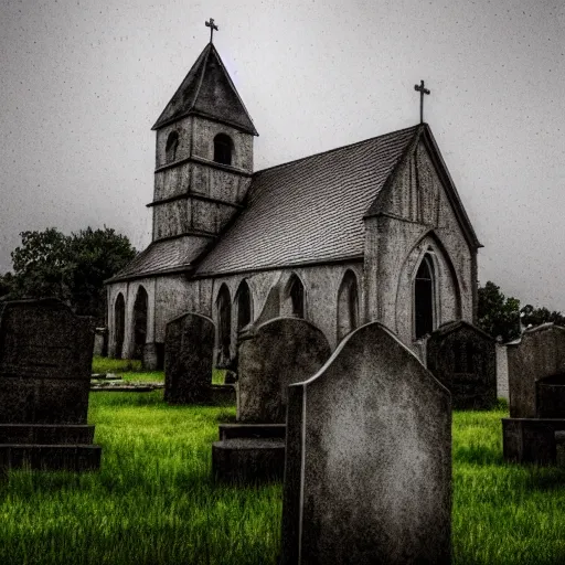 Prompt: ghotic haunted church, thunderstorm, scary ambiance, emotions, tombstones, pale ghosts, 4K photography