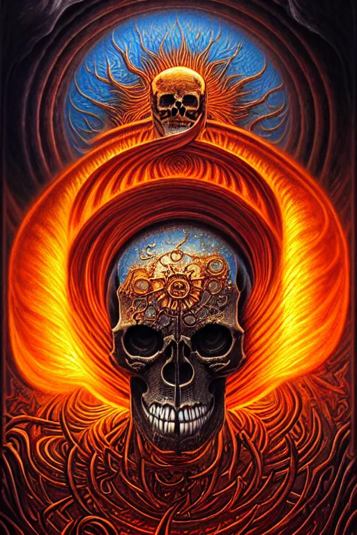 Image similar to A beautiful detailed deeath sun godness, tarot card, by tomasz alen kopera and Justin Gerard, symmetrical features, ominous, magical realism, texture, intricate, ornate, royally decorated, skull, skeleton, whirling smoke, embers, red adornements, red torn fabric, radiant colors, fantasy, trending on artstation, volumetric lighting, micro details, 3d sculpture, ray tracing, 8k, anaglyph effect