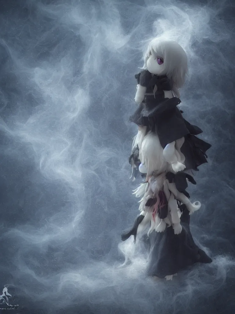 Image similar to cute fumo plush of a cursed frail witch girl held in the arms of a ghost, melting volumetric smoke and fog, environment map pbr reflective stormy water, goth, vignette, vray