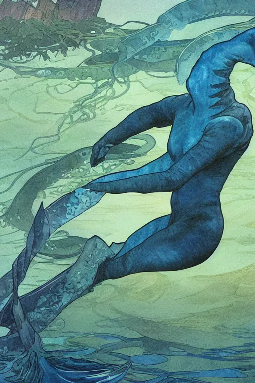 Image similar to a plesiosaur swimming in kelp in sinister green and blue lake, water color, art by artgerm and greg rutkowski and alphonse mucha and jin xiaodi and anthony devine