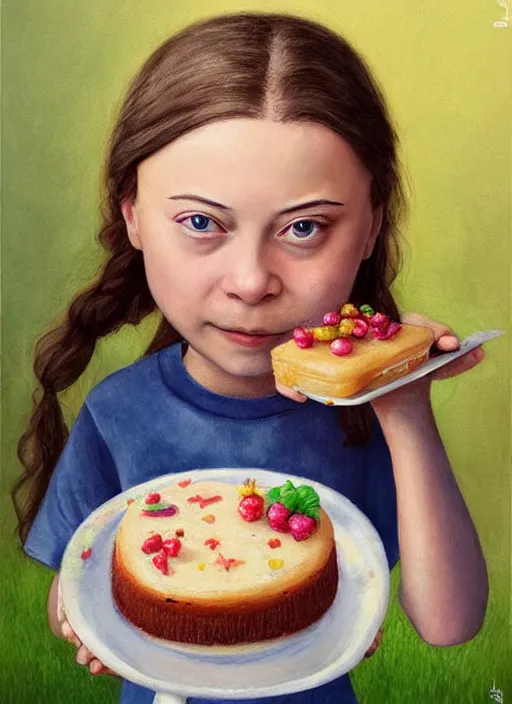 Image similar to greta thunberg eating cakes painted by nicoletta ceccoli, detailed digital art, trending on Artstation