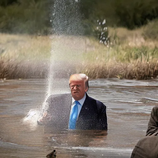 Image similar to national geographic professional photo of trump lapping up water in a busy watering hole, award winning