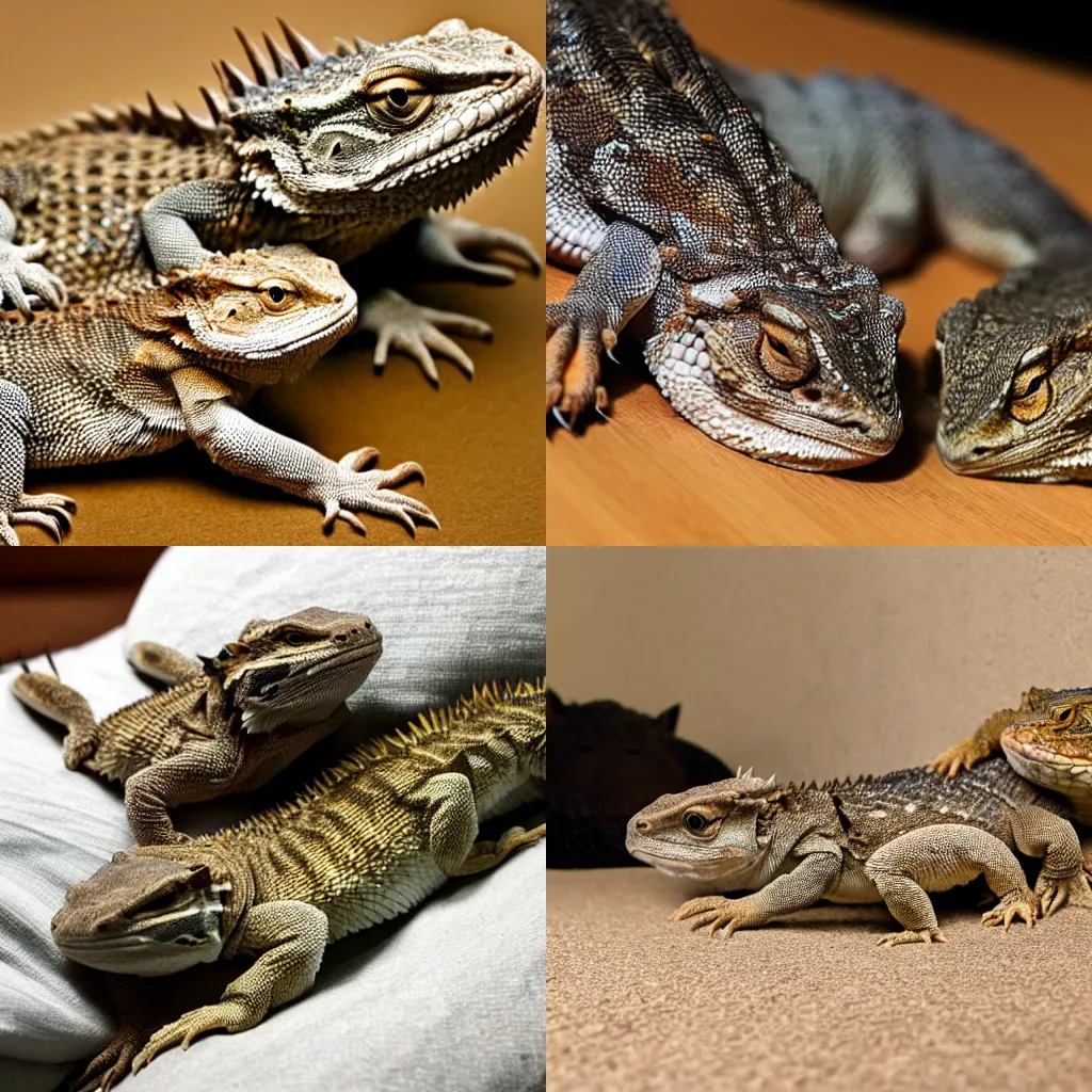 Prompt: two Bearded Dragons sleeping under the belly of a British Shorthair cat