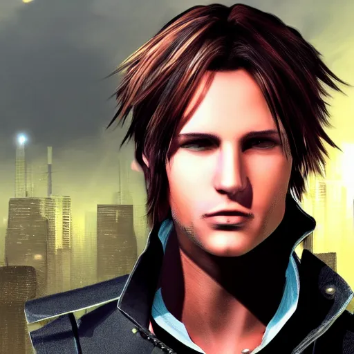 Image similar to photorealistic squall leonhart in a sci fi city