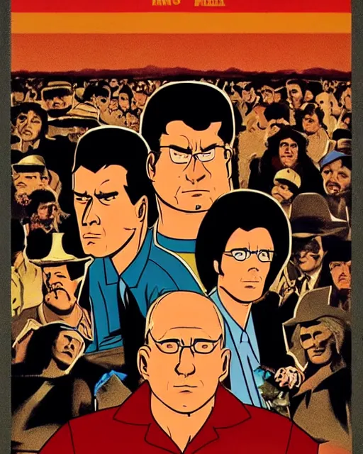 Image similar to a 1 9 7 0 s promotional poster for a mafia king of the hill movie, poster design, film grain, vintage, king of the hill, dramatic, dramatic lighting, pulp style poster, hank hill, dale gribble, boomhauer, bill dauterive, john redcorn, in the style of mike judge