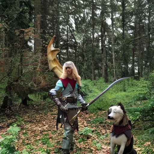 Prompt: Elf hunter and his dragon-dog scouting in fantasy forest