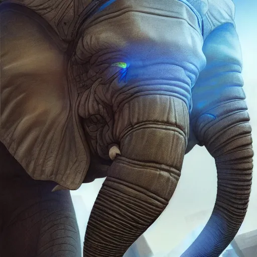 Image similar to hyper realistic cybertronic elephant. high details of body and face. complex realistic mechanical body. blue led. cyberpunk style, natural realistic render, trending on art station, 8 k render alan lee, by artgerm.