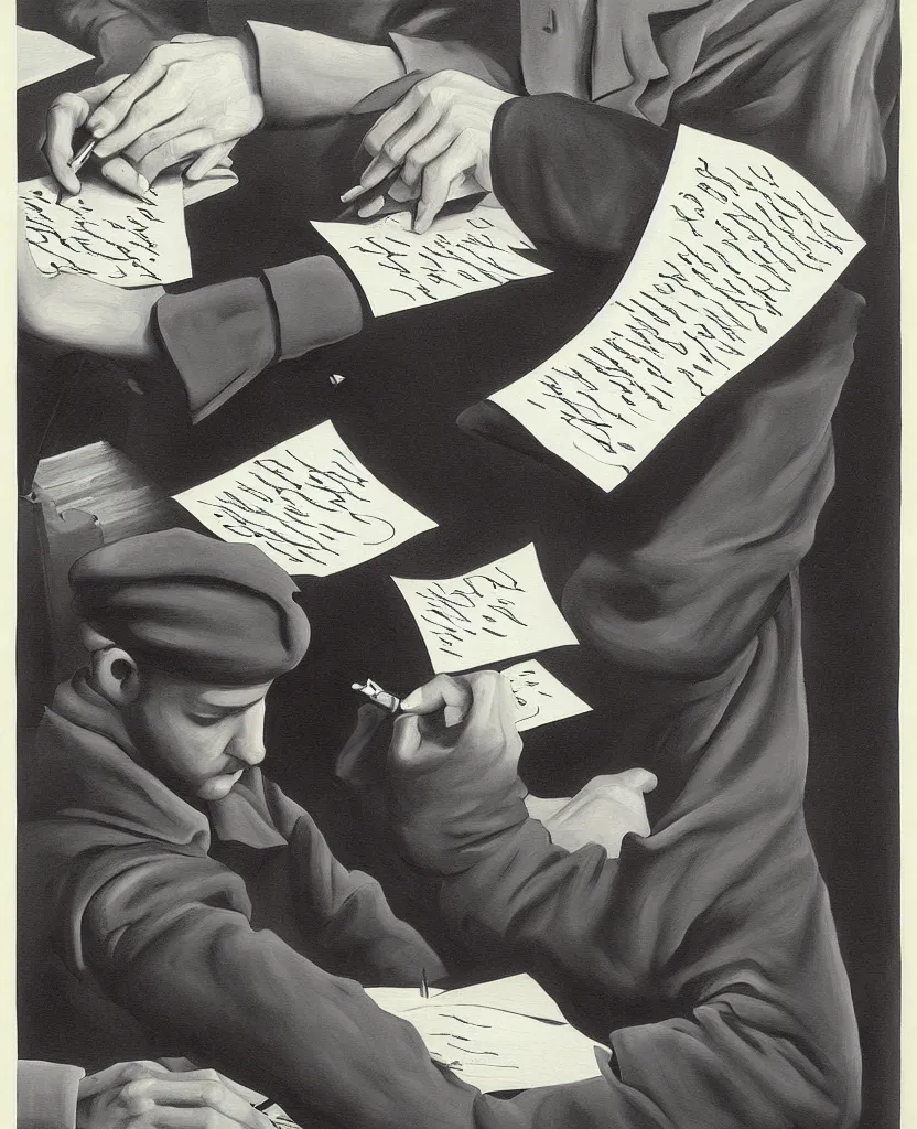 Image similar to a beautiful painting of a hand writing a letter with wwii in background, black and white, painted by escher