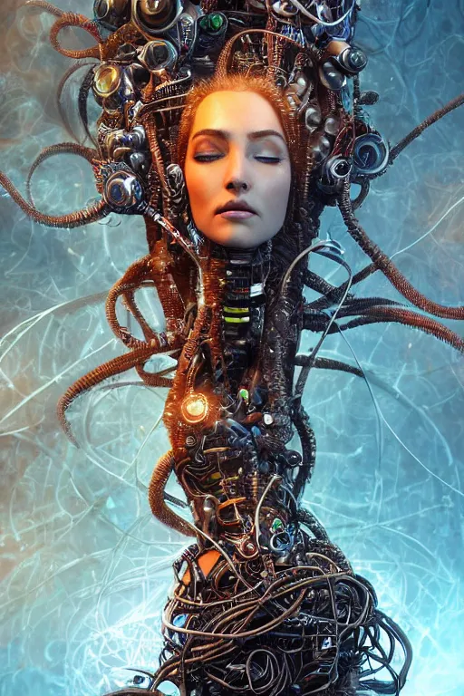 Image similar to an immaculate render of a dancing mystical tribal android adorned with robotic scrap and cables and synthesizer parts is surrounded by wild tenticles made from elven architecture and incense smoke, full body, perfect face, powerful, cinematic, beautifully lit, by artgerm, by karol bak, 3 d, trending on artstation, octane render, 8 k