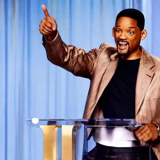 Image similar to will smith angrily pointing at the camera, highly detailed, well - lit, award - winning photograph, real image