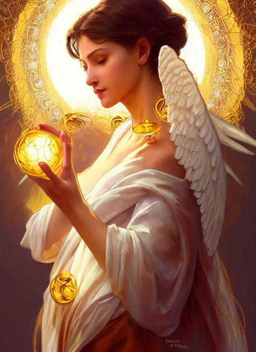 Image similar to close up portrait of beautiful angel holding golden orb of light, d & d, face, fantasy, intricate, elegant, highly detailed, digital painting, artstation, concept art, smooth, sharp focus, illustration, art by artgerm and greg rutkowski and alphonse mucha