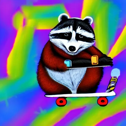 Image similar to fat raccoon skating through space, colorful, realistic, photorealism