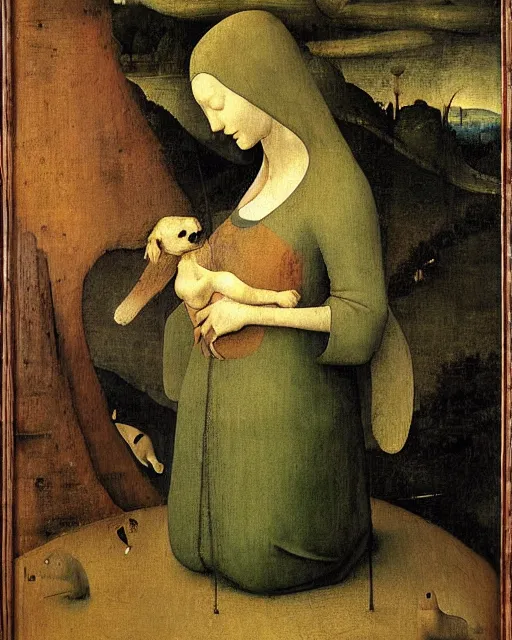 Image similar to Lady with an Ermine by Leonardo painting by Hieronymus Bosch