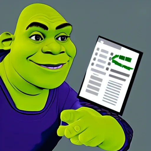 Image similar to stock photo of shrek calculating his taxes, spectacles without border on the end of his nose, microsoft excel 2002 bootcamp instructor