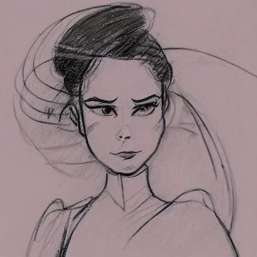 Image similar to milt kahl sketch of princess padme from star wars episode 3 with hair tendrils