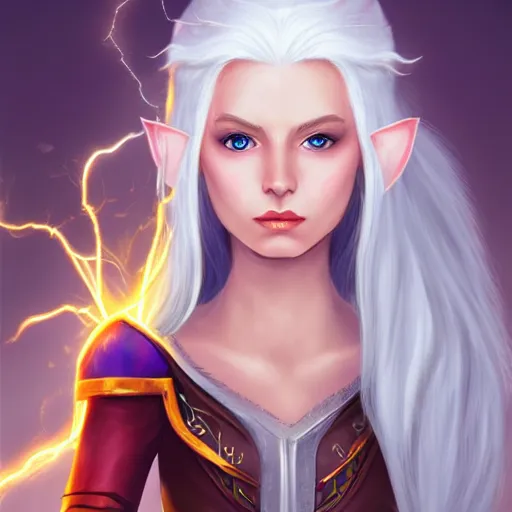 Prompt: Beautiful white haired aged fair skinned scholar elf with spell scroll and lightning background, realism, digital painting, detailed artwork, portrait, mythical, artstation