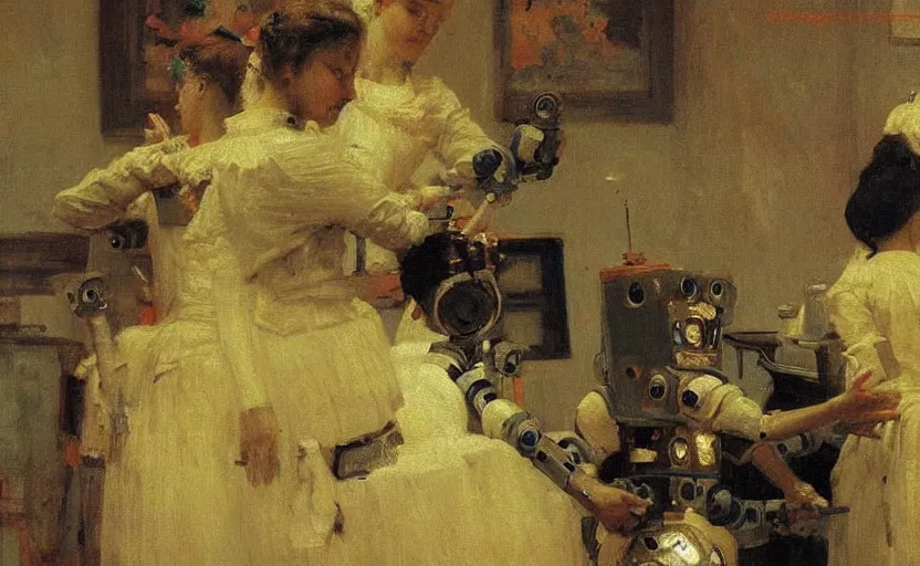 Prompt: high quality high detail painting by ilya repin, robots taking over the house, hd