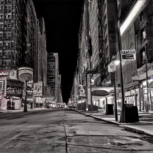 Image similar to color photograph, highly detailed abandoned New York city street at night after the war between humans and AIs, film grain, soft vignette, sigma 85mm f/1.4 1/10 sec shutter, film still promotional image, IMAX 70mm footage