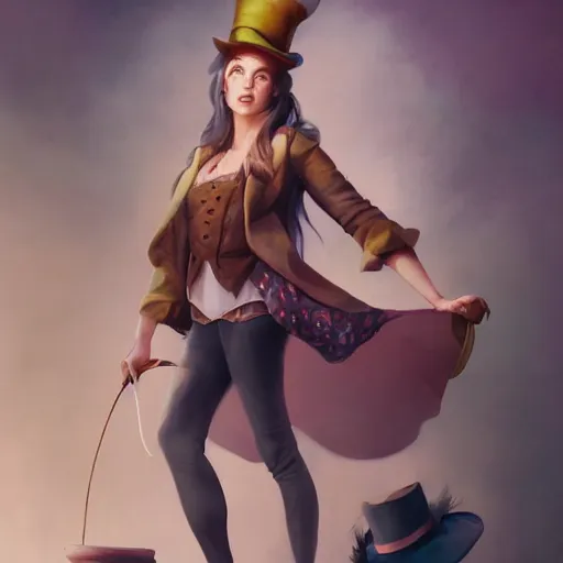 Prompt: realistic, full body portrait, scantily dressed female mad hatter, by Jordan Grimmer and greg rutkowski, crisp lines and color,