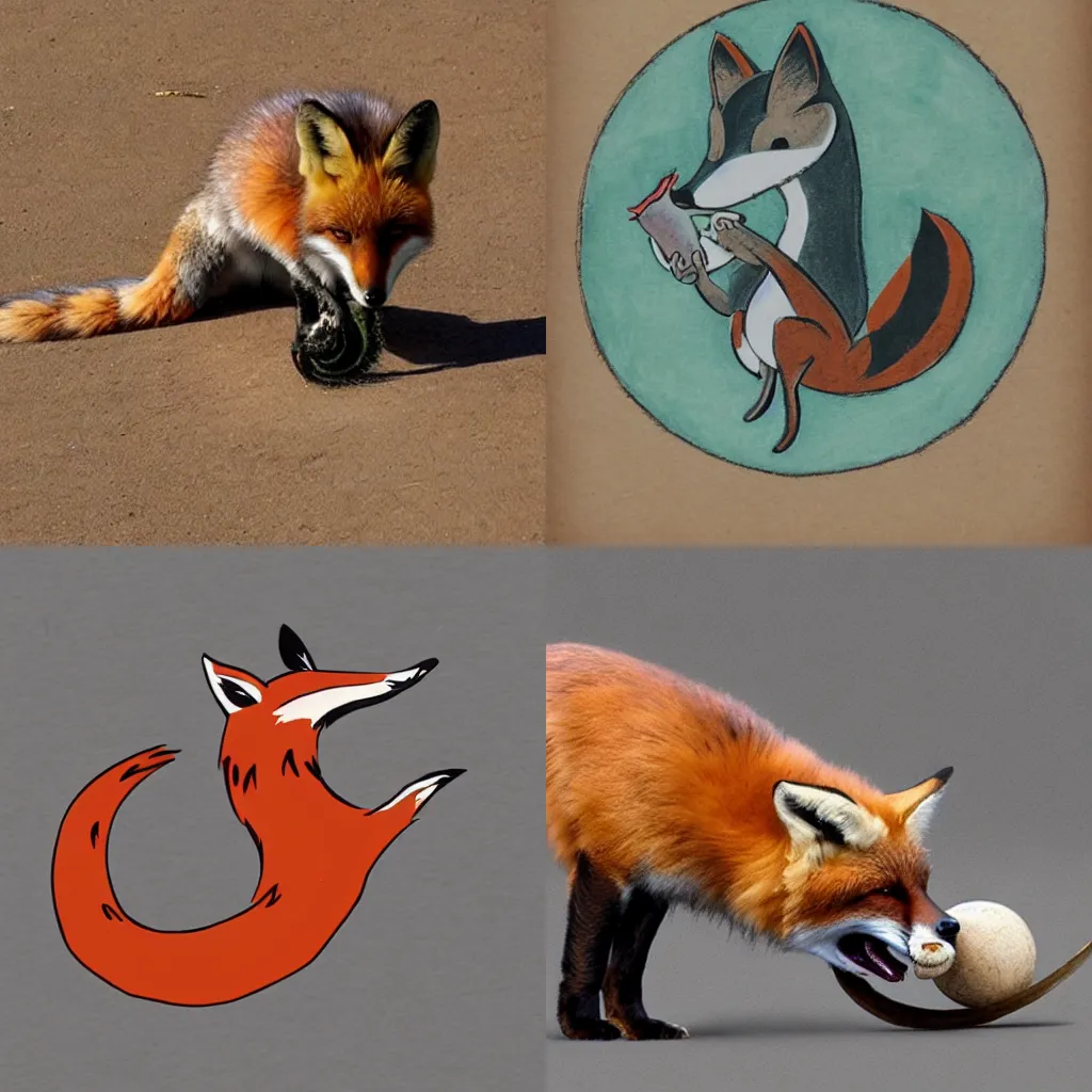 Prompt: Fox eats his own tail, ouroboros