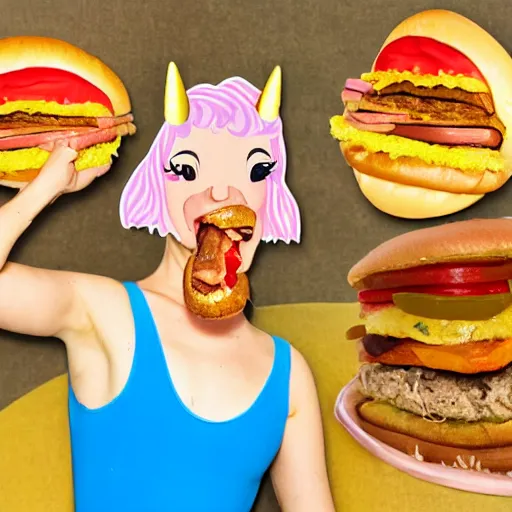 Image similar to unicorn in a leotard eating hamburger