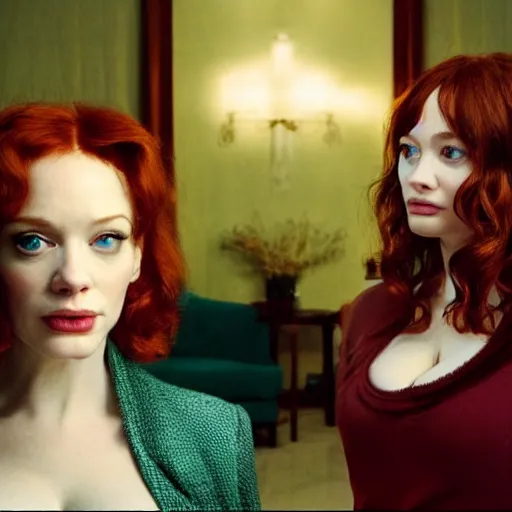 Image similar to a very surprised beautiful Christina Hendricks and her twin sister in the living room, film still from the movie directed by Denis Villeneuve with art direction by Salvador Dalí, wide lens