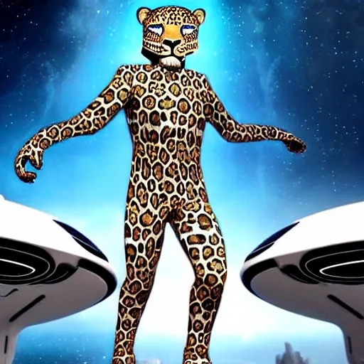 Image similar to A beautiful scene from a 2020 sci-fi film featuring a humanoid leopard wearing a futuristic uniform on a starship. An anthropomorphic leopard in a uniform.