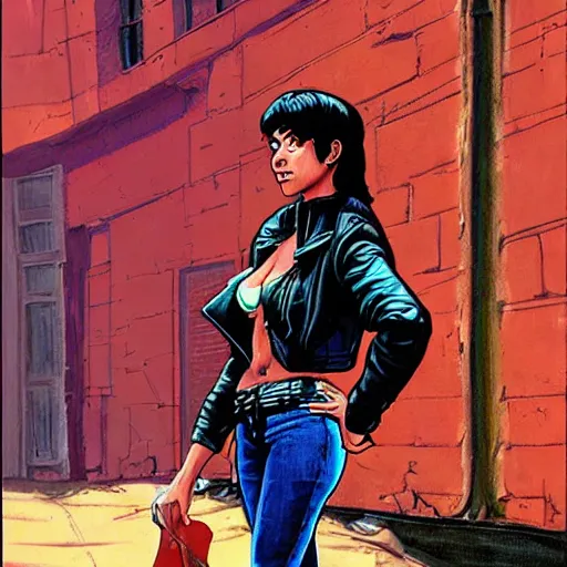 Image similar to young female protagonist in leather jacket, city street, artwork by ralph bakshi