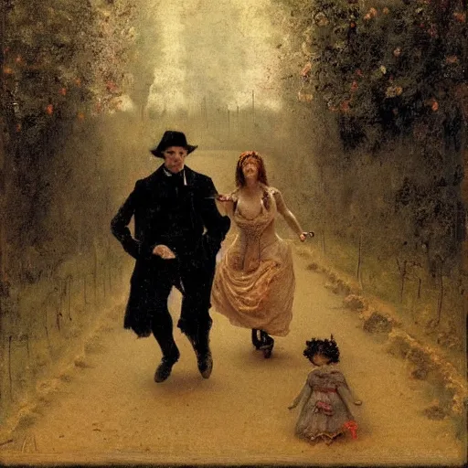 Prompt: young victorian man and woman traversing a dark maze while being followed by a horrible monster, painted by alfred stevens